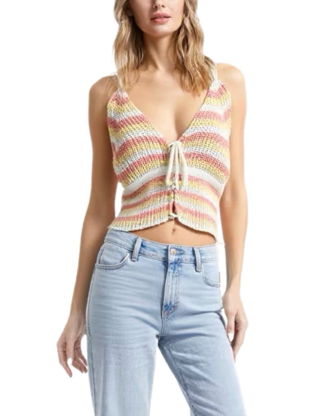 Bluenotes Pastel Knit Striped KnitTie Front Cami Top Size Large